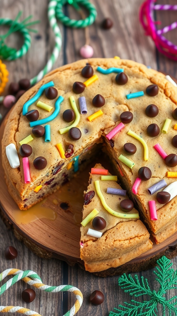 A giant cookie cake with chocolate chips and frosting, displayed on a table, sliced for serving.